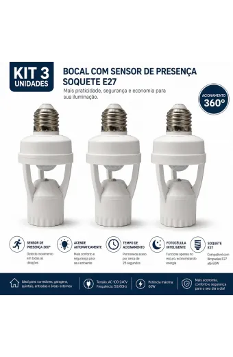 3 Sensor De Presença Lâmpada Com Fotocélula Soquete E27